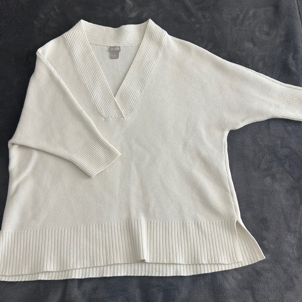 Chicos White Cotton V-Neck Dolman Sleeve Sweater Size 3/XL Coastal knit nautical